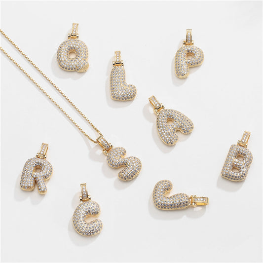 Golden Bubble Initial Letter Necklace w/ Zirconia & Brass Alphabet Necklaces