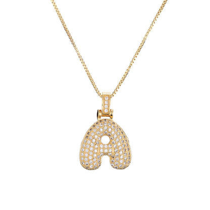 Golden Bubble Initial Letter Necklace w/ Zirconia & Brass Alphabet Necklaces