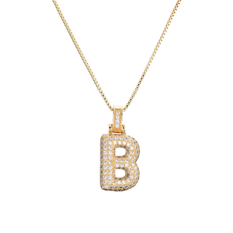 Golden Bubble Initial Letter Necklace w/ Zirconia & Brass Alphabet Necklaces