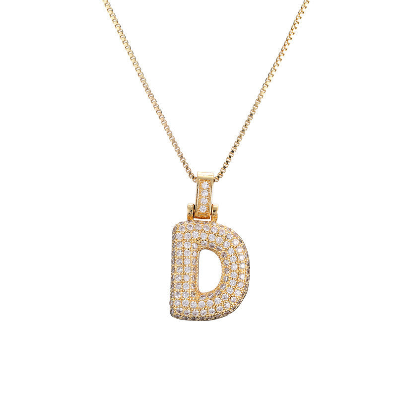 Golden Bubble Initial Letter Necklace w/ Zirconia & Brass Alphabet Necklaces