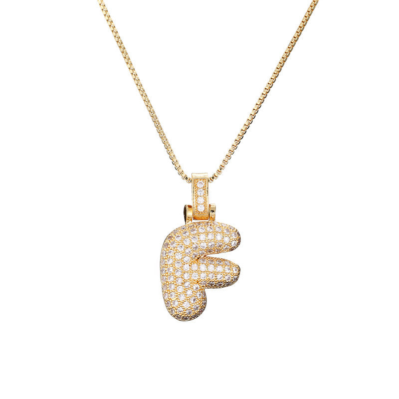 Golden Bubble Initial Letter Necklace w/ Zirconia & Brass Alphabet Necklaces