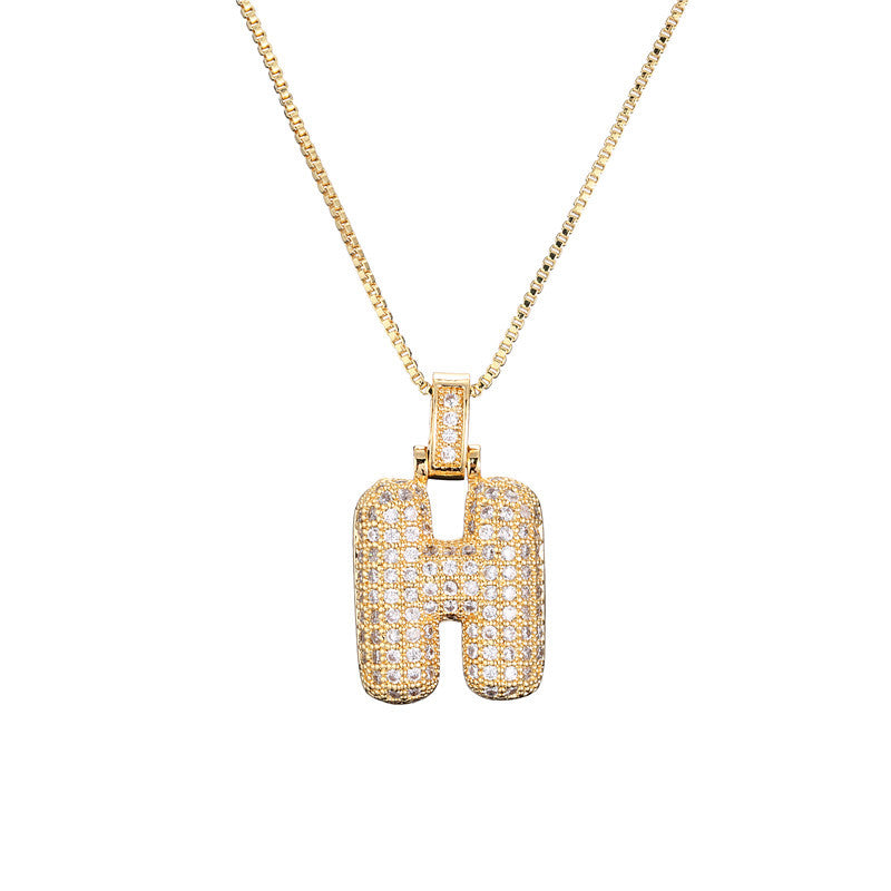 Golden Bubble Initial Letter Necklace w/ Zirconia & Brass Alphabet Necklaces