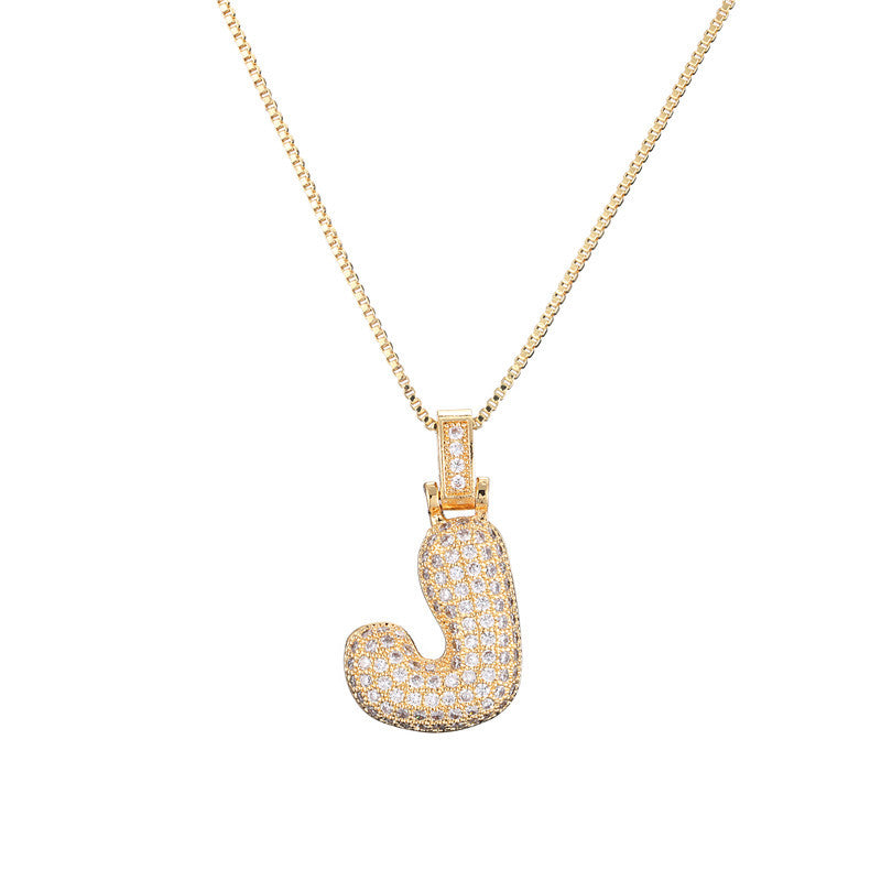 Golden Bubble Initial Letter Necklace w/ Zirconia & Brass Alphabet Necklaces