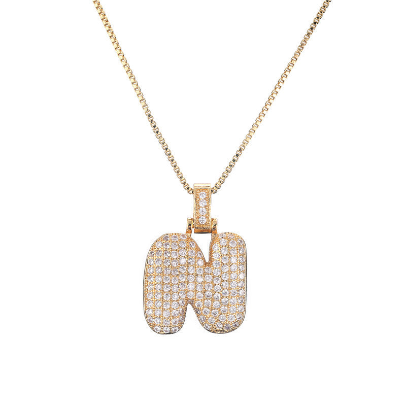 Golden Bubble Initial Letter Necklace w/ Zirconia & Brass Alphabet Necklaces