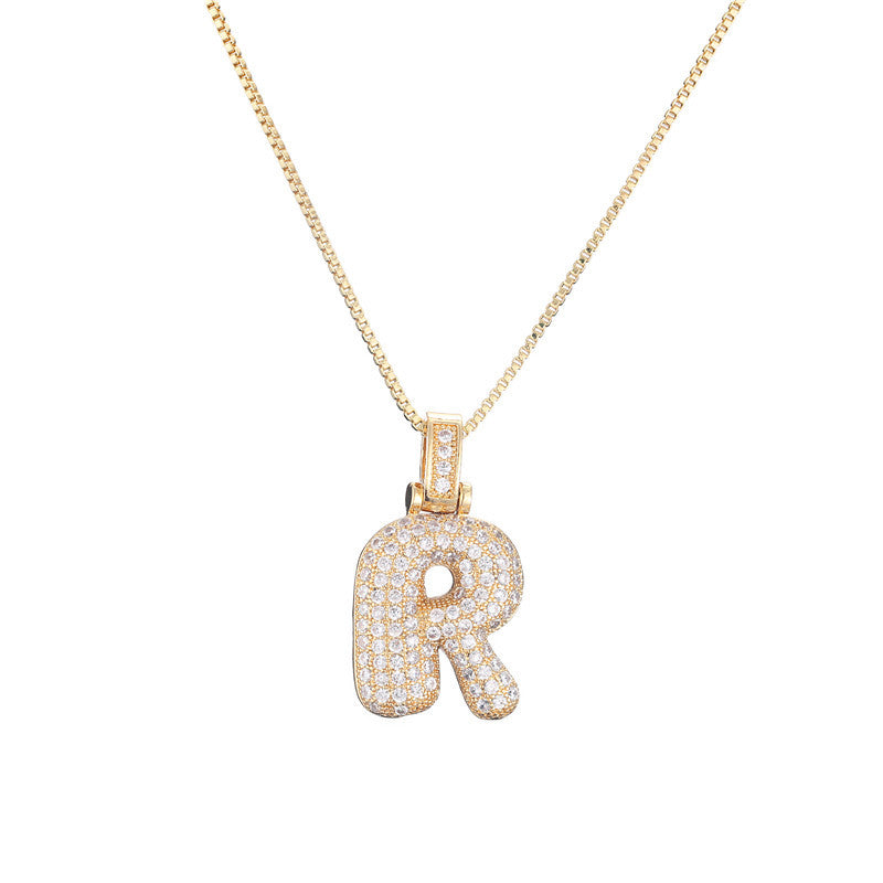 Golden Bubble Initial Letter Necklace w/ Zirconia & Brass Alphabet Necklaces