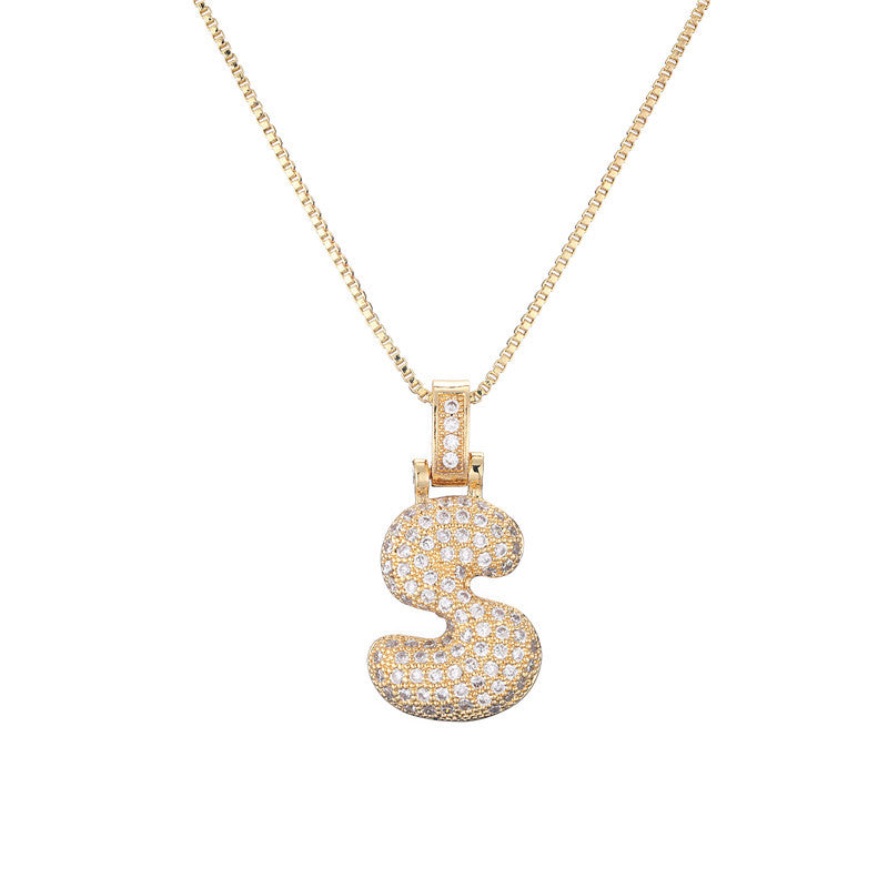 Golden Bubble Initial Letter Necklace w/ Zirconia & Brass Alphabet Necklaces