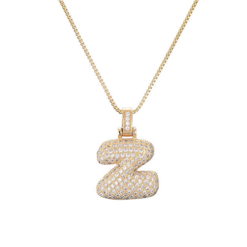 Golden Bubble Initial Letter Necklace w/ Zirconia & Brass Alphabet Necklaces