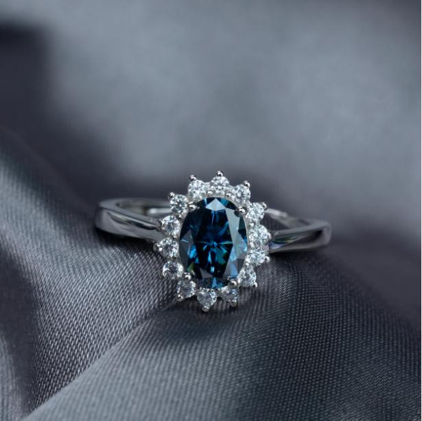 Oval Shape Sunflower Blue Moissanite 1ct Ring