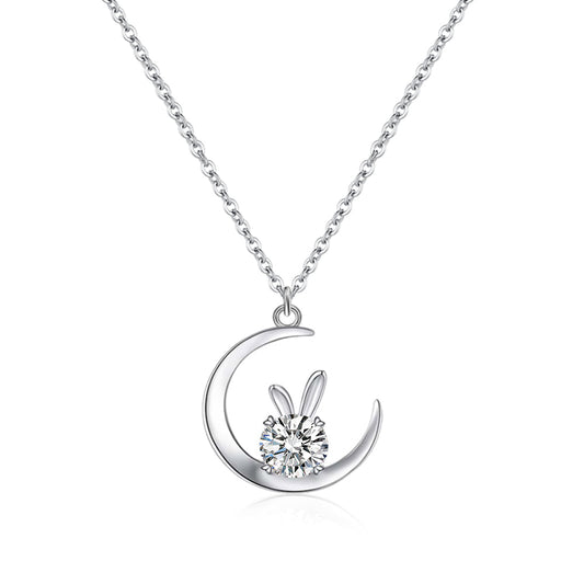 [D&J] Moon & Rabbit 1ct Moissanite Pendant Silver Necklace